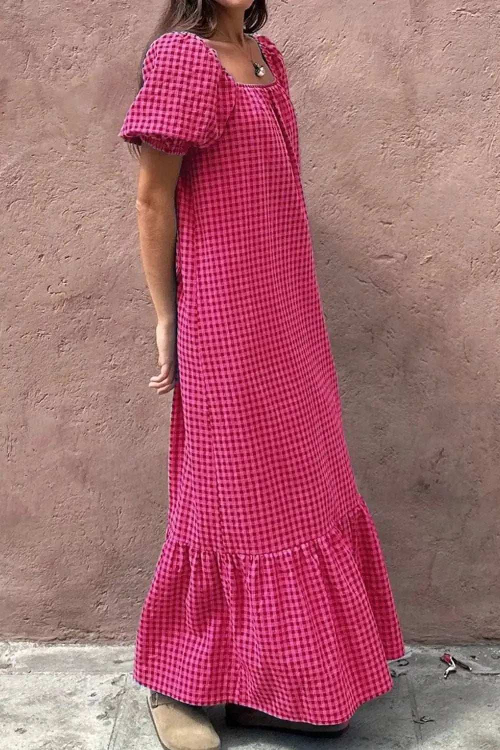 SYNZ Gingham Check Bubble Sleeve Ruffled Maxi Dress - Trendsi - Flyclothing LLC