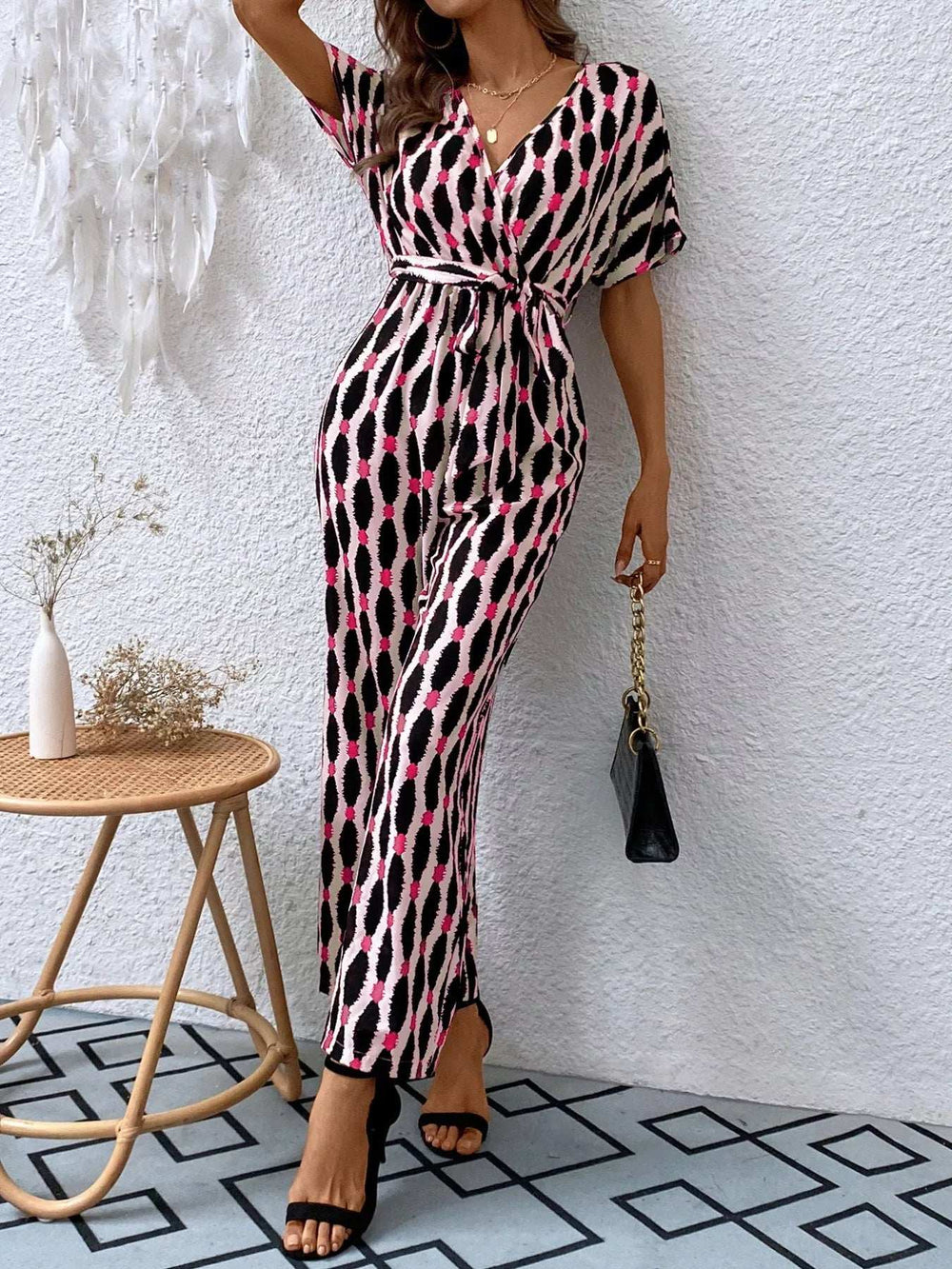 Printed Surplice Tie Waist Short Sleeve Jumpsuit - Trendsi - Flyclothing LLC