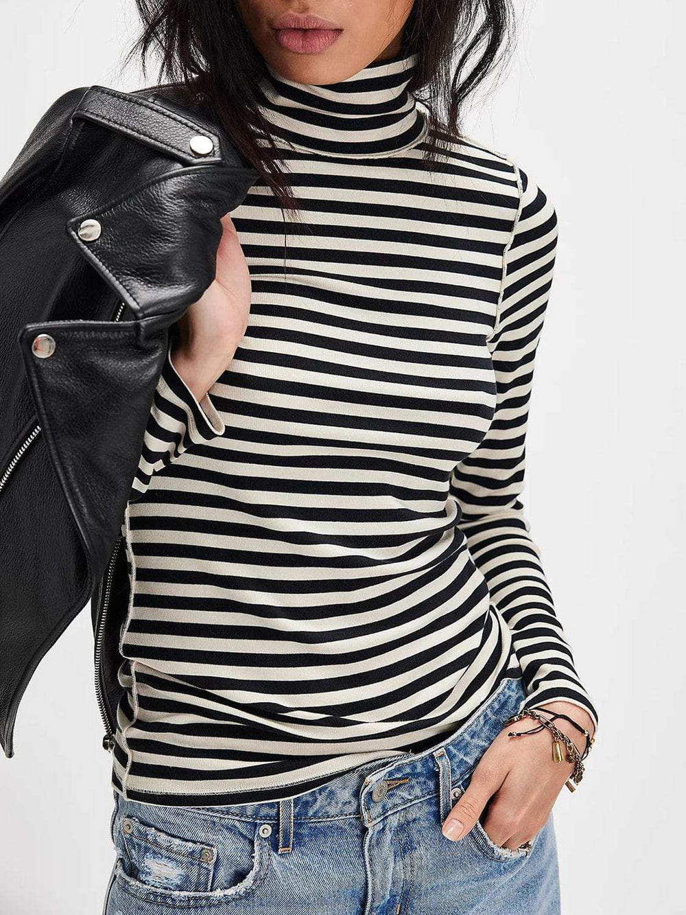 Exposed Seam Striped Turtleneck Long Sleeve T-Shirt - Trendsi - Flyclothing LLC