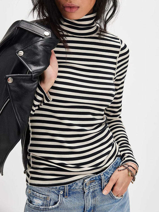Exposed Seam Striped Turtleneck Long Sleeve T-Shirt - Trendsi - Flyclothing LLC