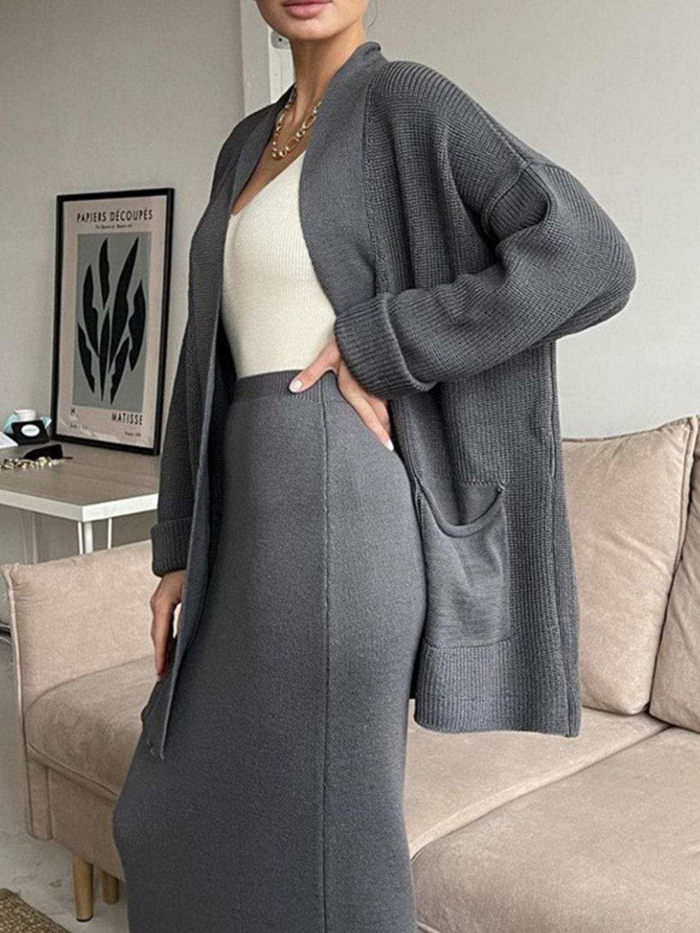 Pocketed Long Sleeve Cardigan and Skirt Sweater Set - Trendsi - Flyclothing LLC