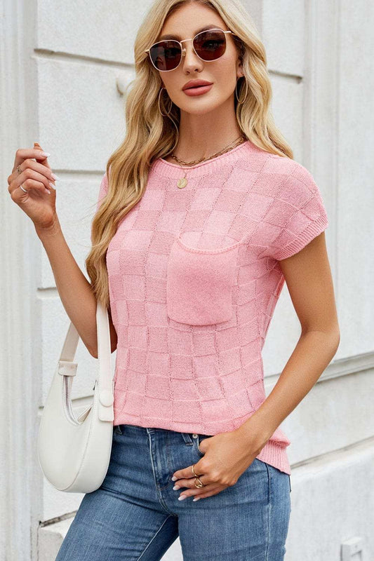 Checkered Round Neck Short Sleeve Knit Top - Trendsi - Flyclothing LLC