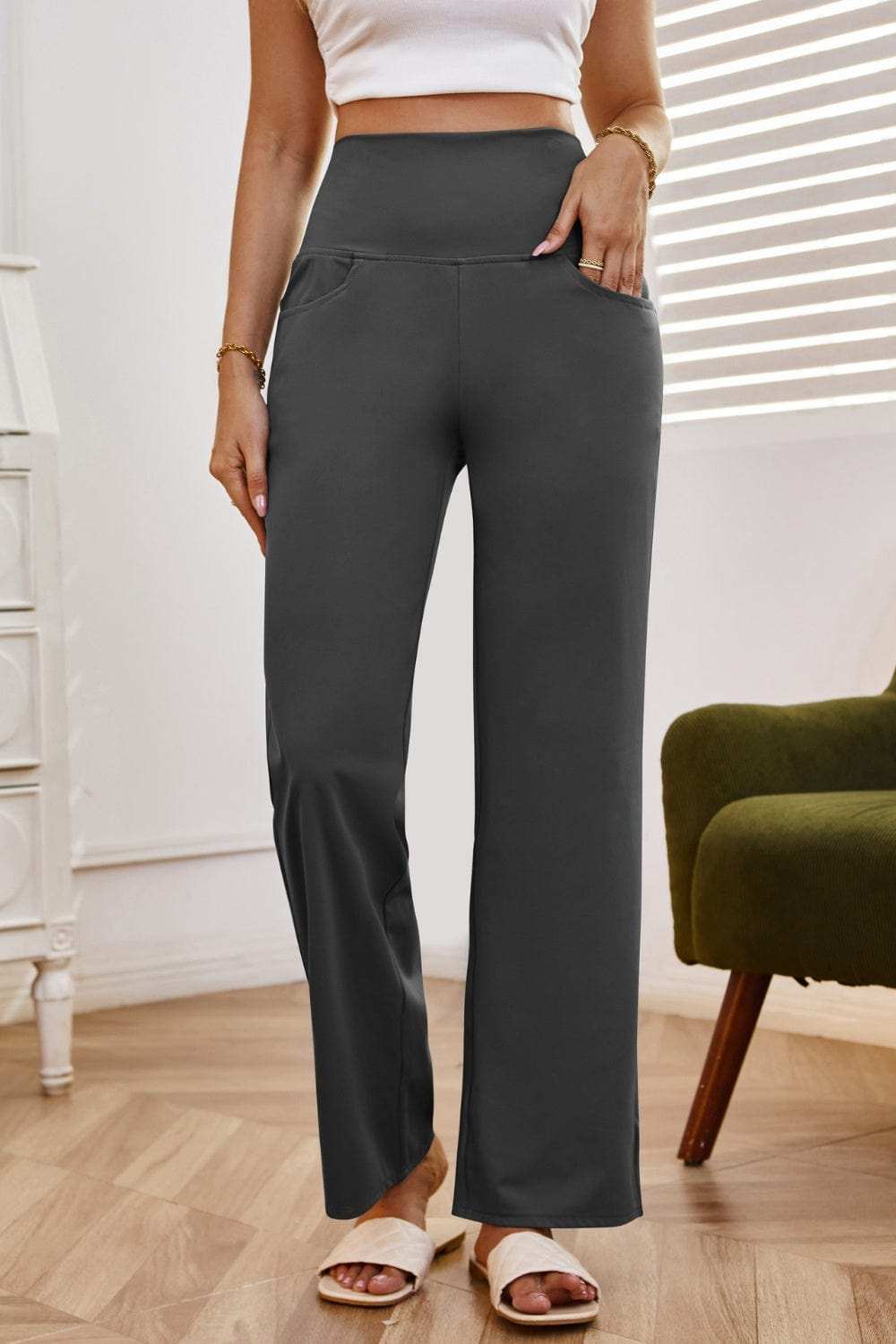 High Waist Wide Leg Pants with Pockets - Trendsi - Flyclothing LLC