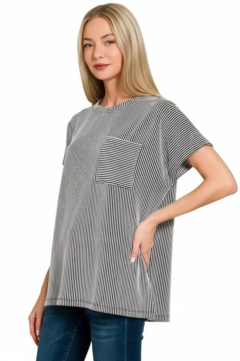 Zenana Raised Rib Front Pocket Boxy Top - Trendsi - Flyclothing LLC