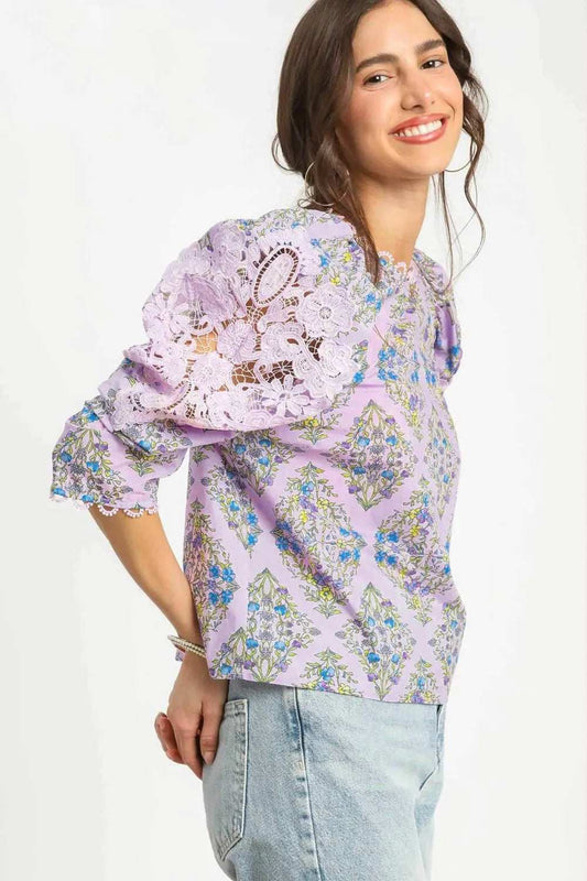 Umgee Printed Lace Puff Sleeve Blouse - Trendsi - Flyclothing LLC