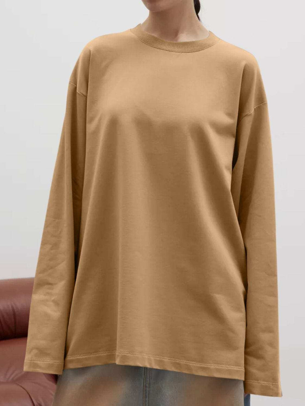 Round Neck Dropped Shoulder Long Sleeve T-Shirt - Trendsi - Flyclothing LLC