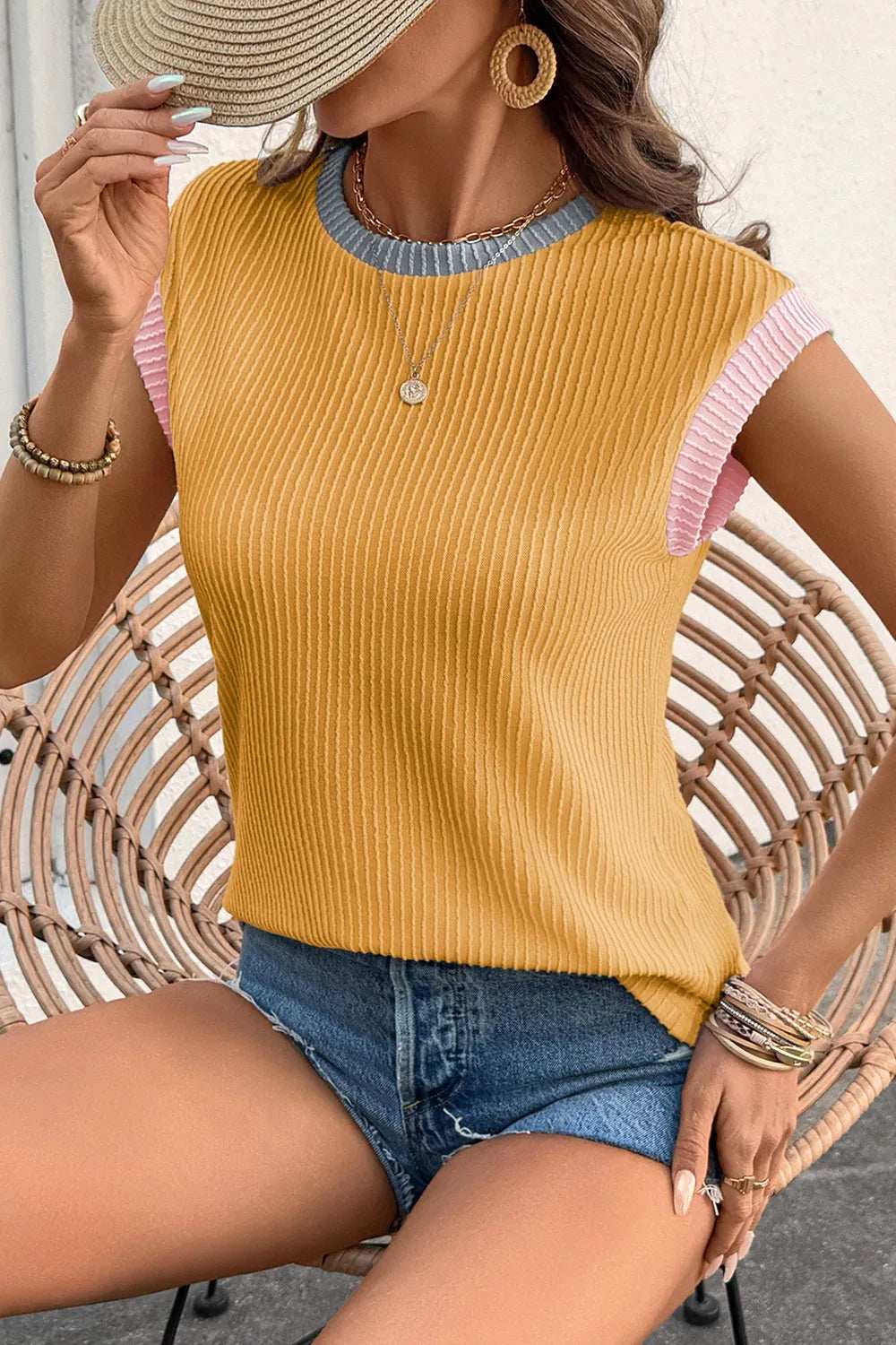 Contrast Trim Ribbed Knit Sleeveless Top - Trendsi - Flyclothing LLC