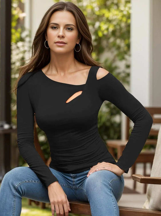 Cutout Asymmetrical Neck Long Sleeve T-Shirt - Trendsi - Flyclothing LLC