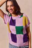 SO ME Mardi Gras Check Plaid Casual Sweater Top - Trendsi - Flyclothing LLC