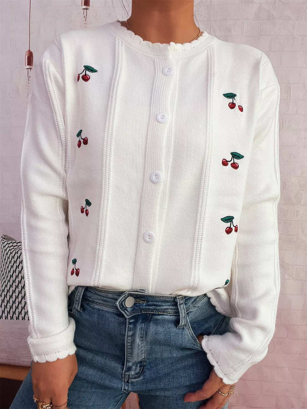 Cherry Embroidered Button Up Cardigan - Trendsi - Flyclothing LLC