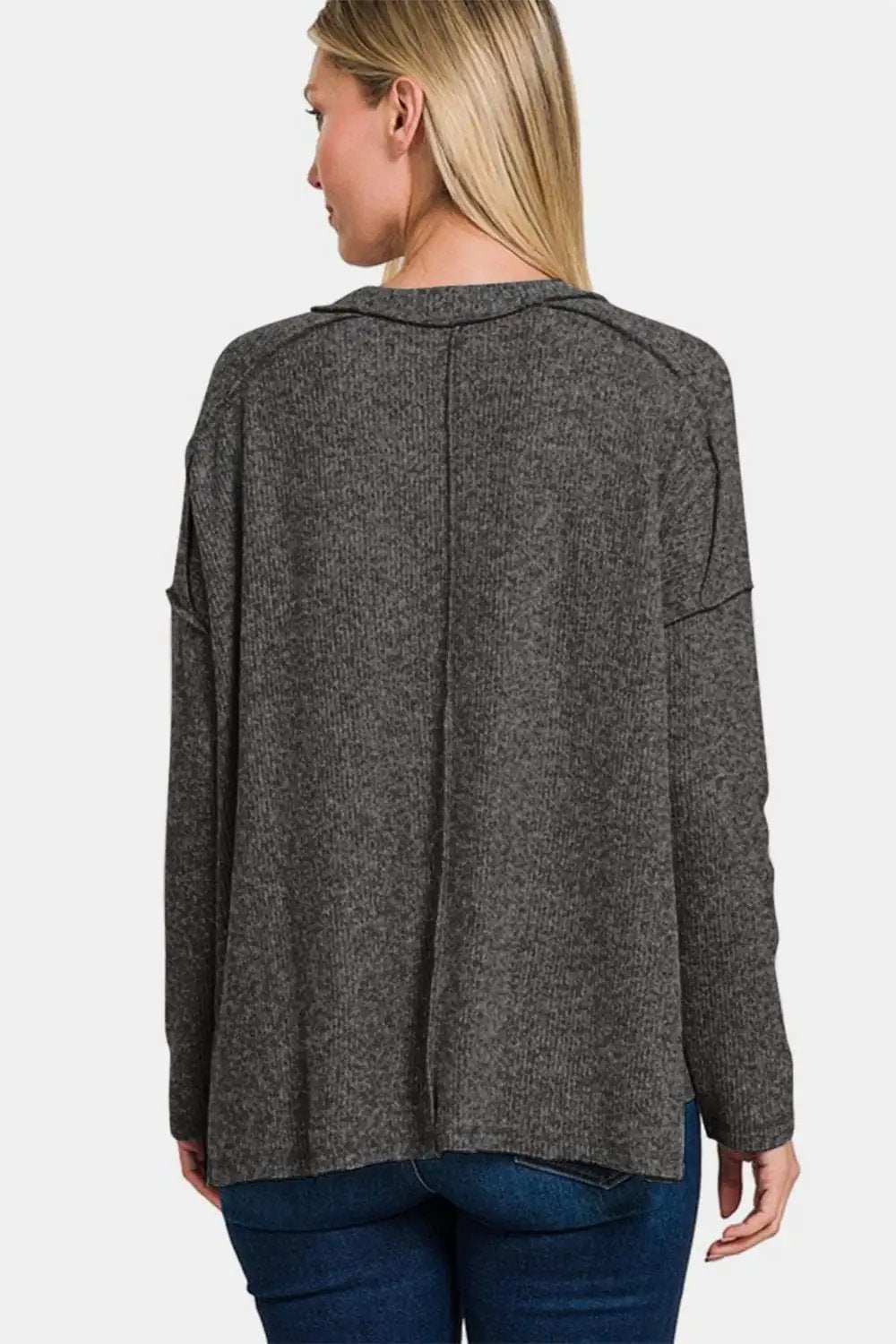 Zenana Full Size Exposed Seam Brushed Round Neck Sweater - Trendsi - Flyclothing LLC