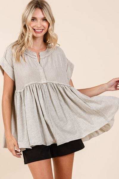 Mittoshop Mixed Media Mineral Wash Babydoll Short Sleeve Blouse - Trendsi - Flyclothing LLC
