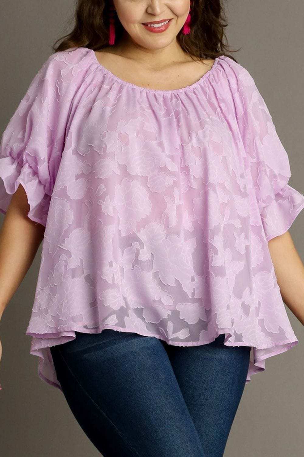 Umgee Full Size Jacquard Round Neck Ruffled Puff Sleeve Blouse Plus Size - Trendsi - Flyclothing LLC