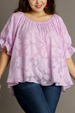 Umgee Full Size Jacquard Round Neck Ruffled Puff Sleeve Blouse Plus Size - Trendsi - Flyclothing LLC