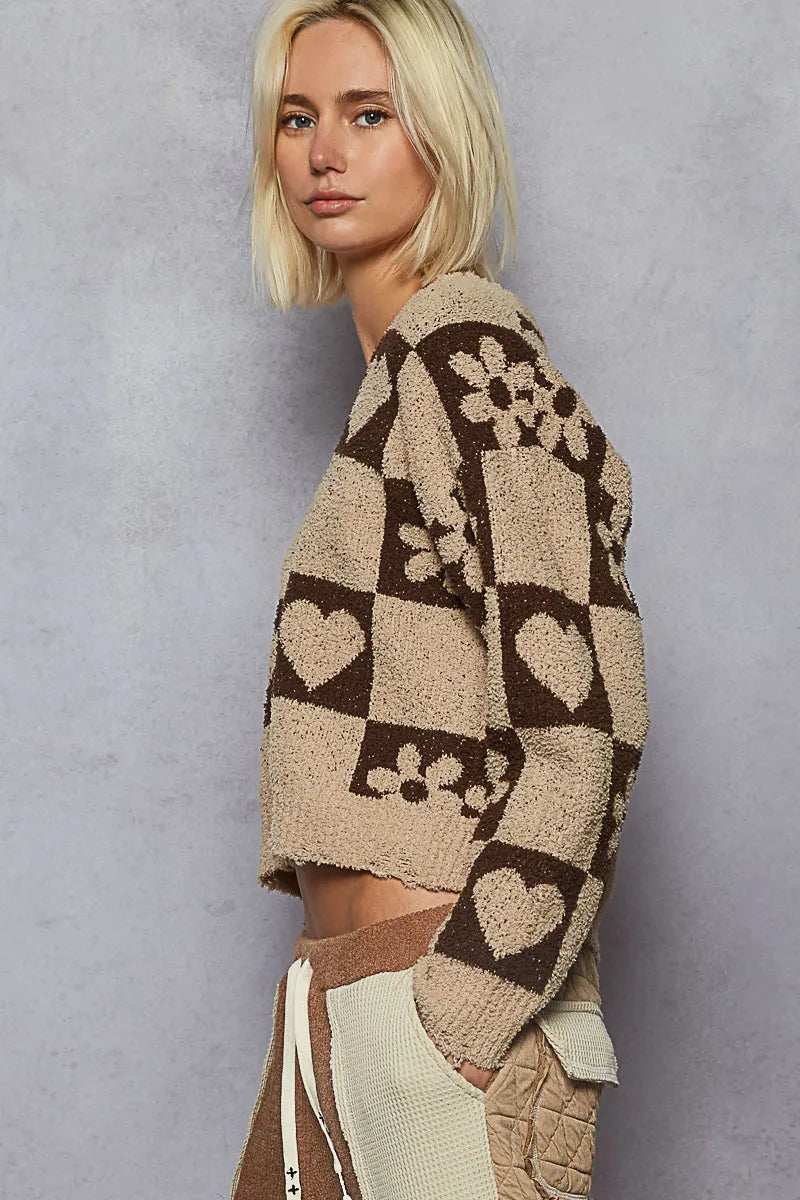 POL V-Neck Heart Pattern Checkered Sweater - Trendsi - Flyclothing LLC