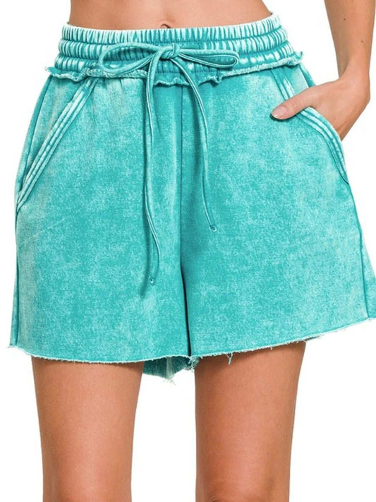 Zenana Acid Wash Fleece Drawstring Shorts With Pockets - Trendsi - Flyclothing LLC