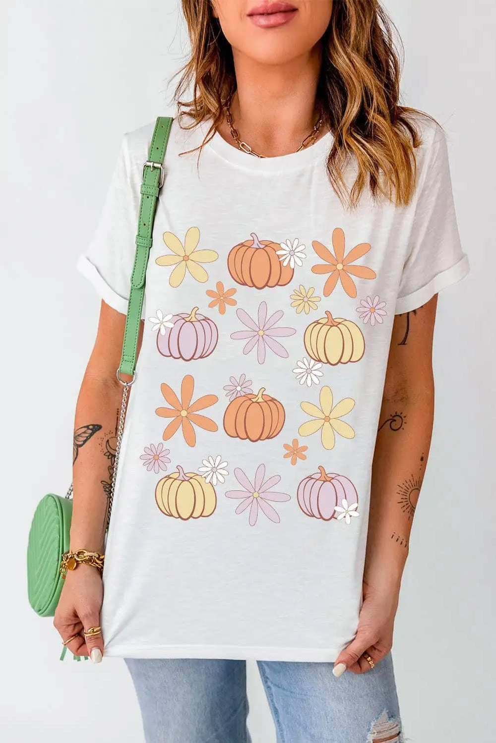 Pumpkin & Flower Round Neck Short Sleeve T-Shirt - Trendsi - Flyclothing LLC