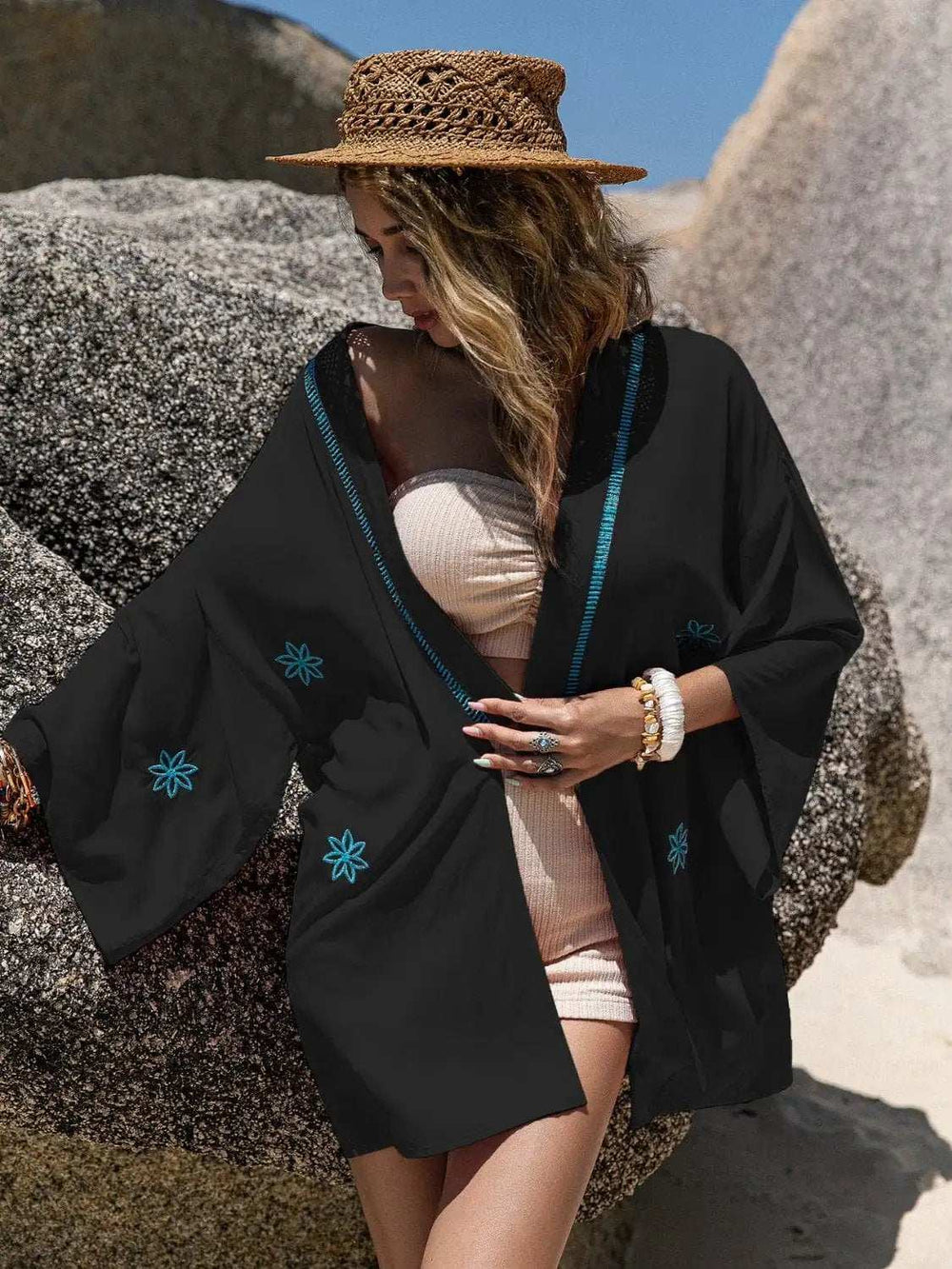 Embroidered Open Front Long Sleeve Cover Up - Trendsi - Flyclothing LLC
