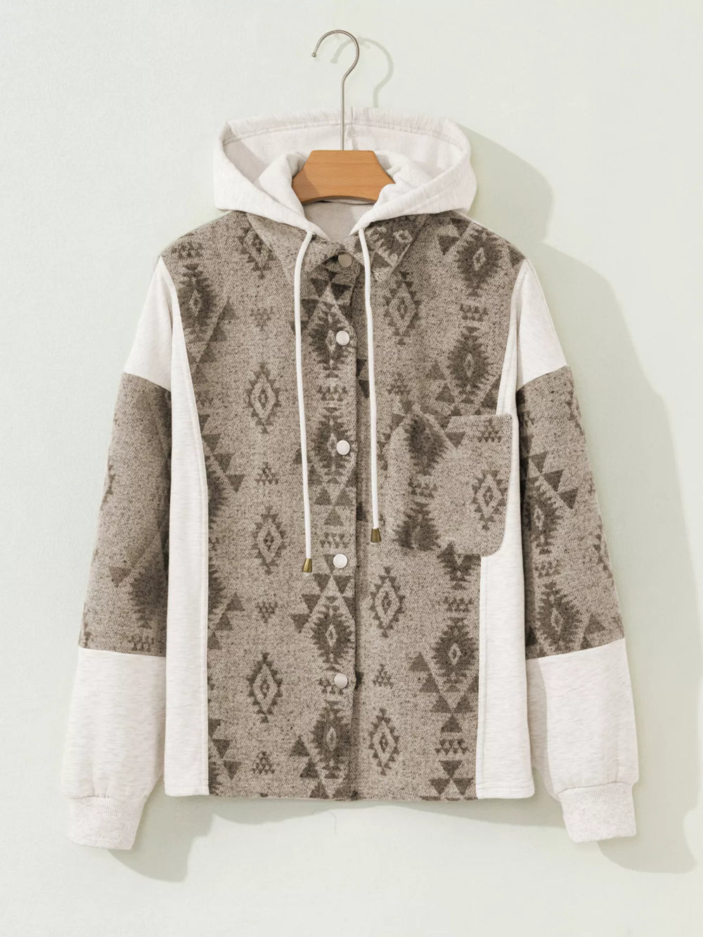 Western Aztec Print Color Block Patchwork Drawstring Hooded Shacket - Trendsi - Flyclothing LLC