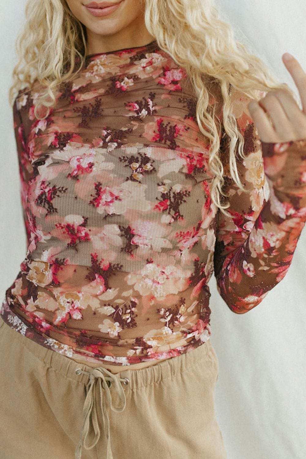 Floral Mock Neck Long Sleeve Sheer Top - Trendsi - Flyclothing LLC