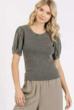 Mittoshop Mineral Wash Puff Sleeve Rib Knit Top - Trendsi - Flyclothing LLC