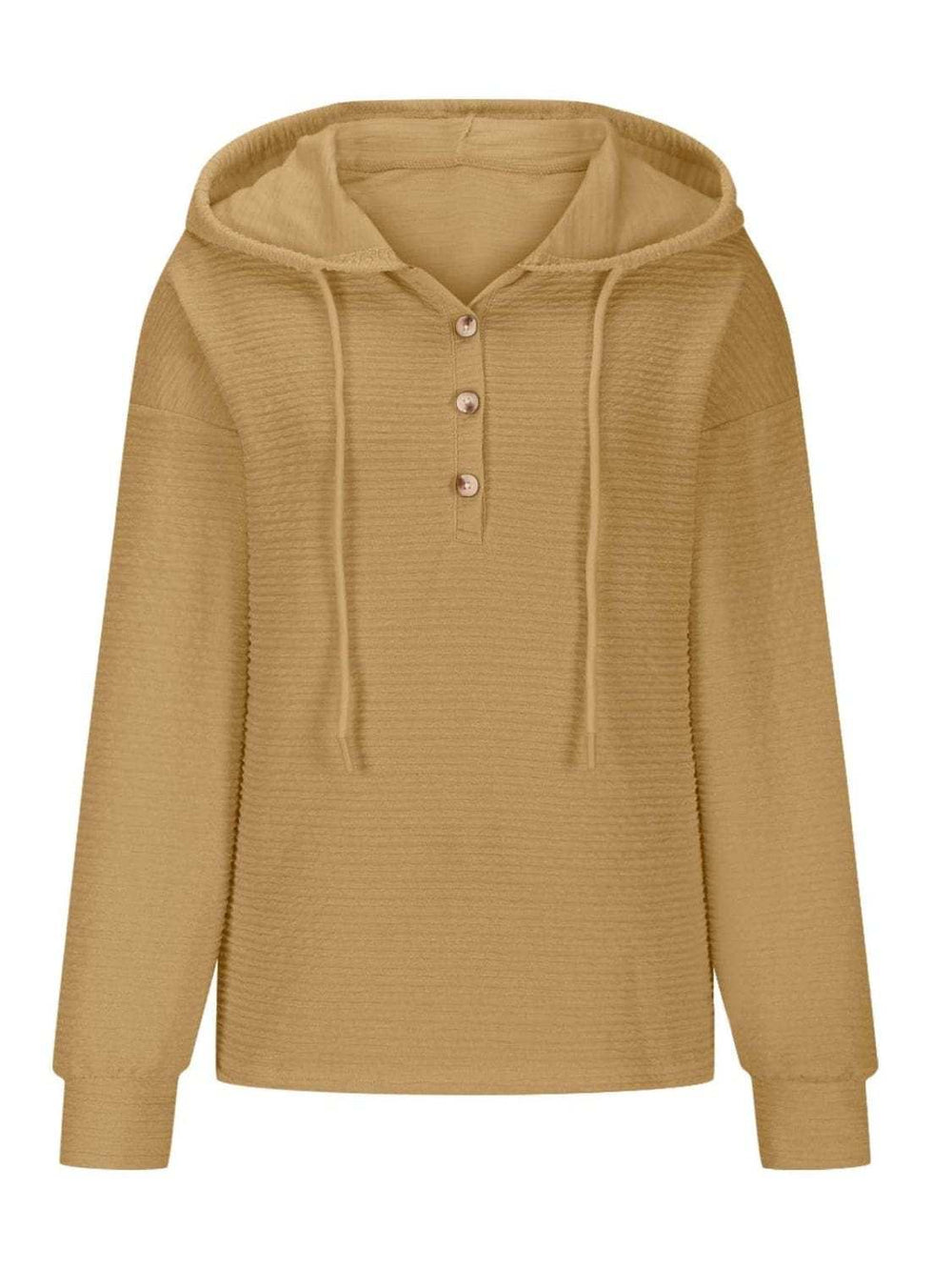 Drawstring Quarter Button Long Sleeve Hoodie - Trendsi - Flyclothing LLC