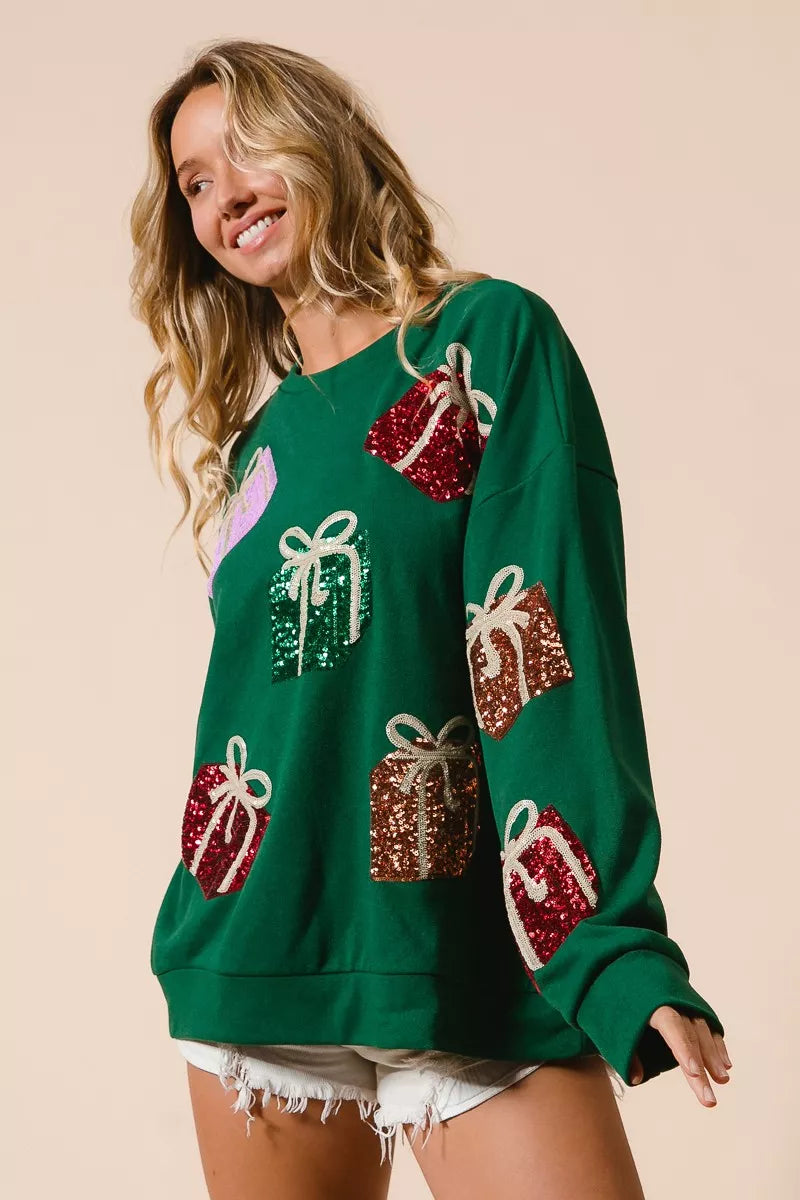 BiBi Sequin Christmas Gift Box Embroideries Pullover - Trendsi - Flyclothing LLC