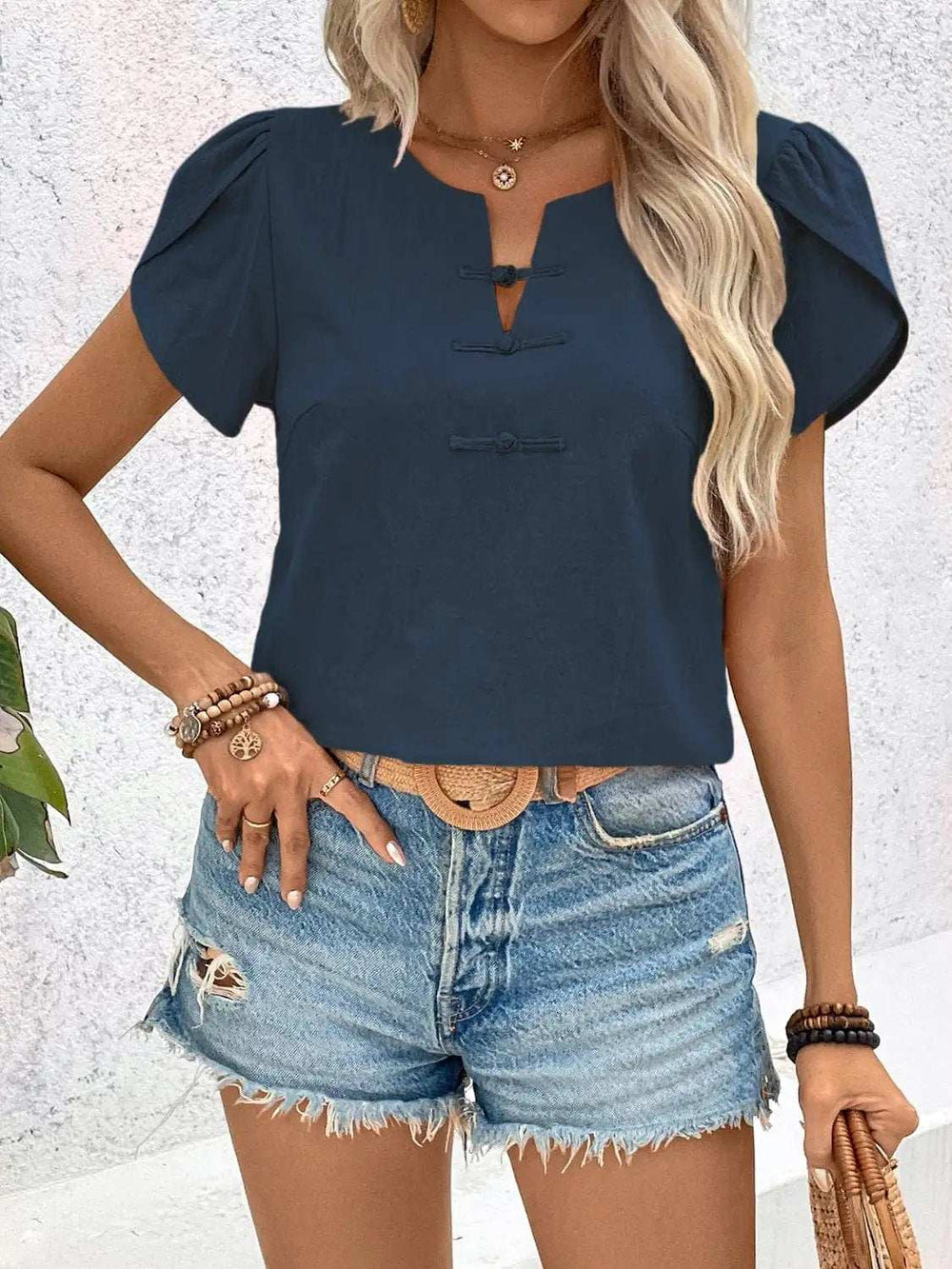 Notched Short Sleeve Blouse - Trendsi - Flyclothing LLC