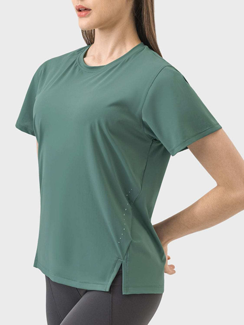 Slit Round Neck Short Sleeve Active T-Shirt - Trendsi - Flyclothing LLC