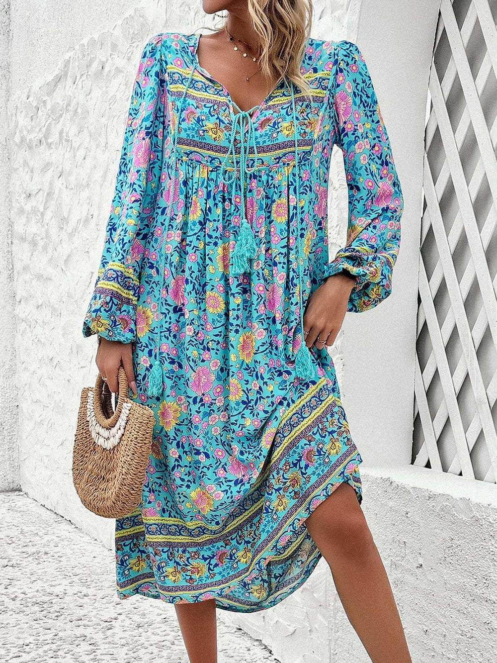 Tassel Tied Printed Long Sleeve Dress - Trendsi - Flyclothing LLC