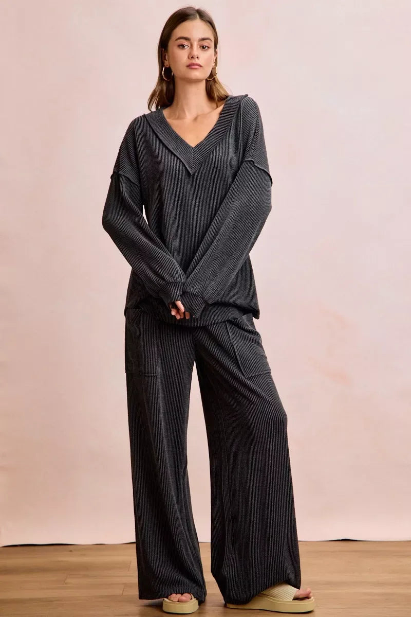 BiBi Two Tone Cord Rib Contrast Stitching V-Neck Top and Pants Set - Trendsi - Flyclothing LLC