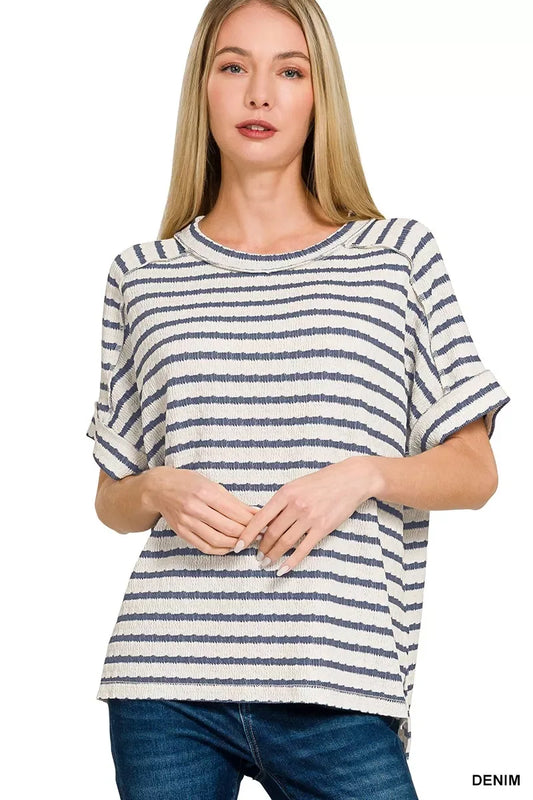 Zenana Striped Short Sleeve Hi-low Tee - Trendsi - Flyclothing LLC