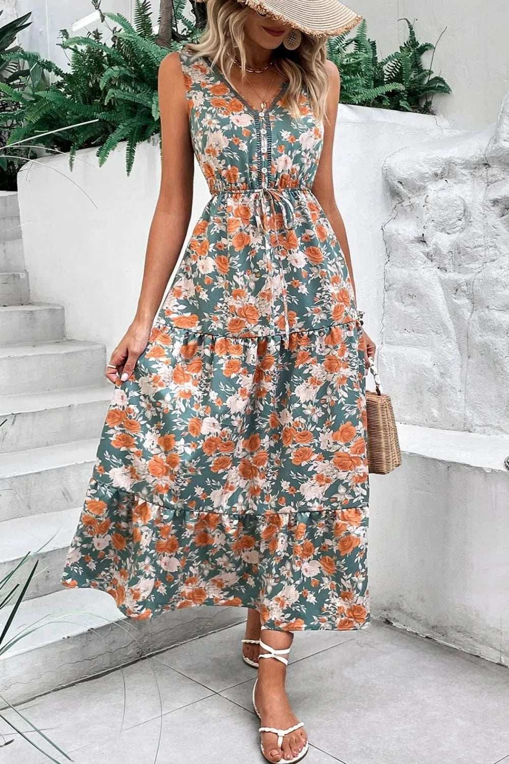 Floral Print Trimmed V Neck Tie Waist Sleeveless Dress - Trendsi - Flyclothing LLC