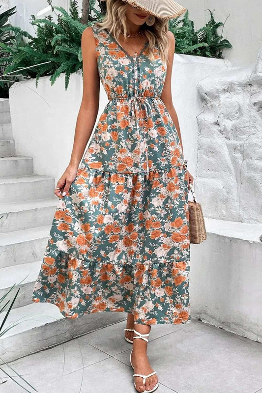 Floral Print Trimmed V Neck Tie Waist Sleeveless Dress - Trendsi - Flyclothing LLC