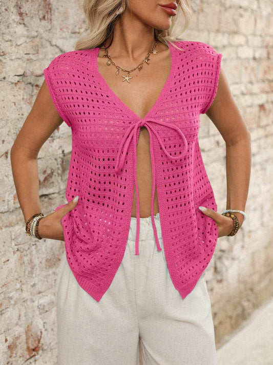 Tied Front Openwork V-Neck Knit Top - Trendsi - Flyclothing LLC