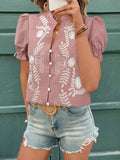 Embroidered Frill Notched Short Sleeve Blouse - Trendsi - Flyclothing LLC