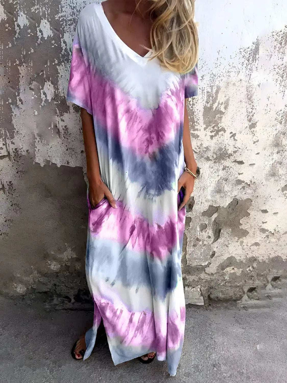 Full Size Pocketed Tie-Dye Short Sleeve Dress - Trendsi - Flyclothing LLC