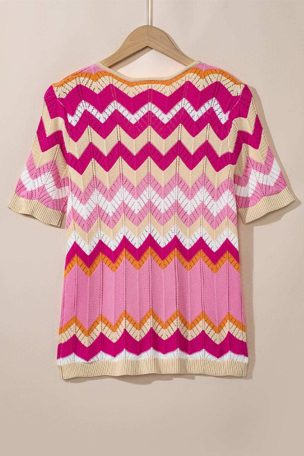 Stripe Chevron Openwork Round Neck Short Sleeve Knit Top - Trendsi - Flyclothing LLC