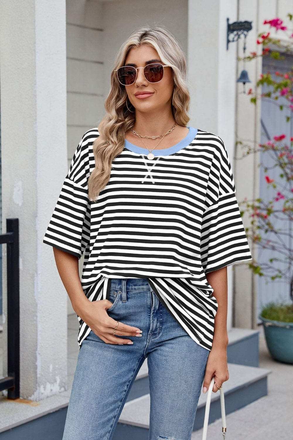 Contrast Striped Round Neck Half Sleeve T-Shirt - Trendsi - Flyclothing LLC