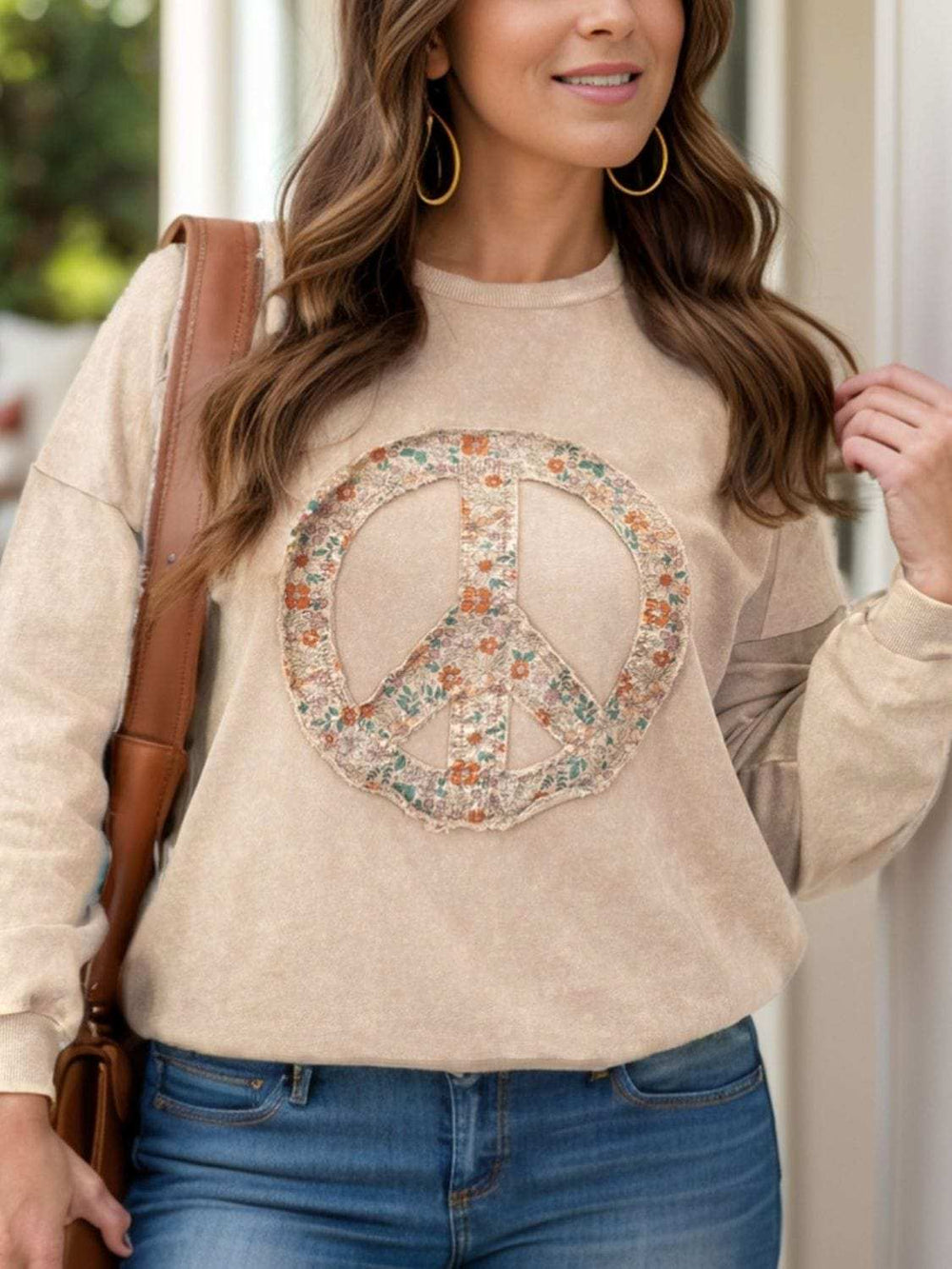Plus Size Peace Sign Long Sleeve Sweatshirt - Trendsi - Flyclothing LLC
