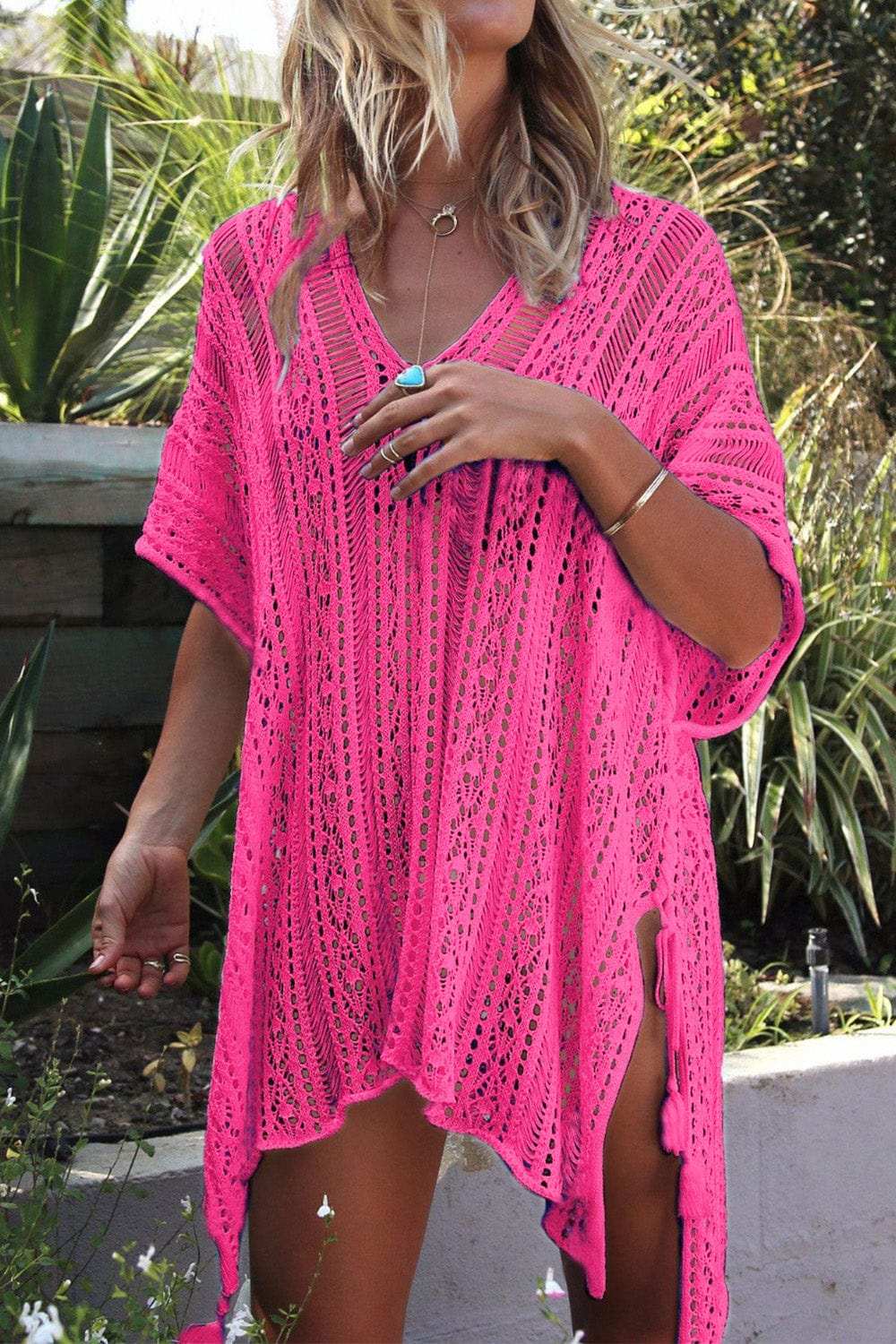 Cutout V-Neck Cover-Up with Tassel - Trendsi - Flyclothing LLC