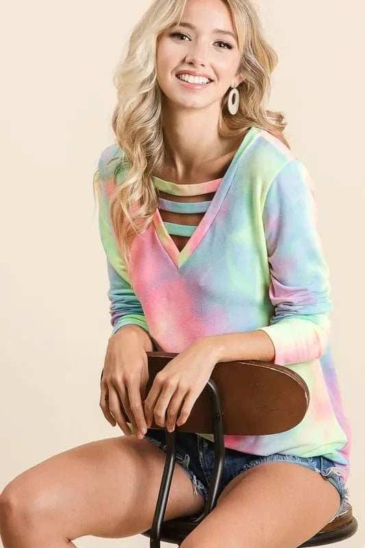 BiBi Tie Dye French Terry V-Neck Top with Strapped - Trendsi - Flyclothing LLC