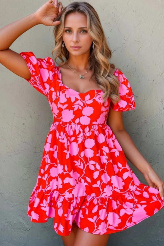 Floral Puff Sleeve Sweetheart Neck Ruffled Mini Dress - Trendsi - Flyclothing LLC