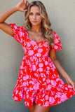 Floral Puff Sleeve Sweetheart Neck Ruffled Mini Dress - Trendsi - Flyclothing LLC