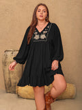 Plus Size Embroidered Tie Neck Long Sleeve Mini Dress - Trendsi - Flyclothing LLC
