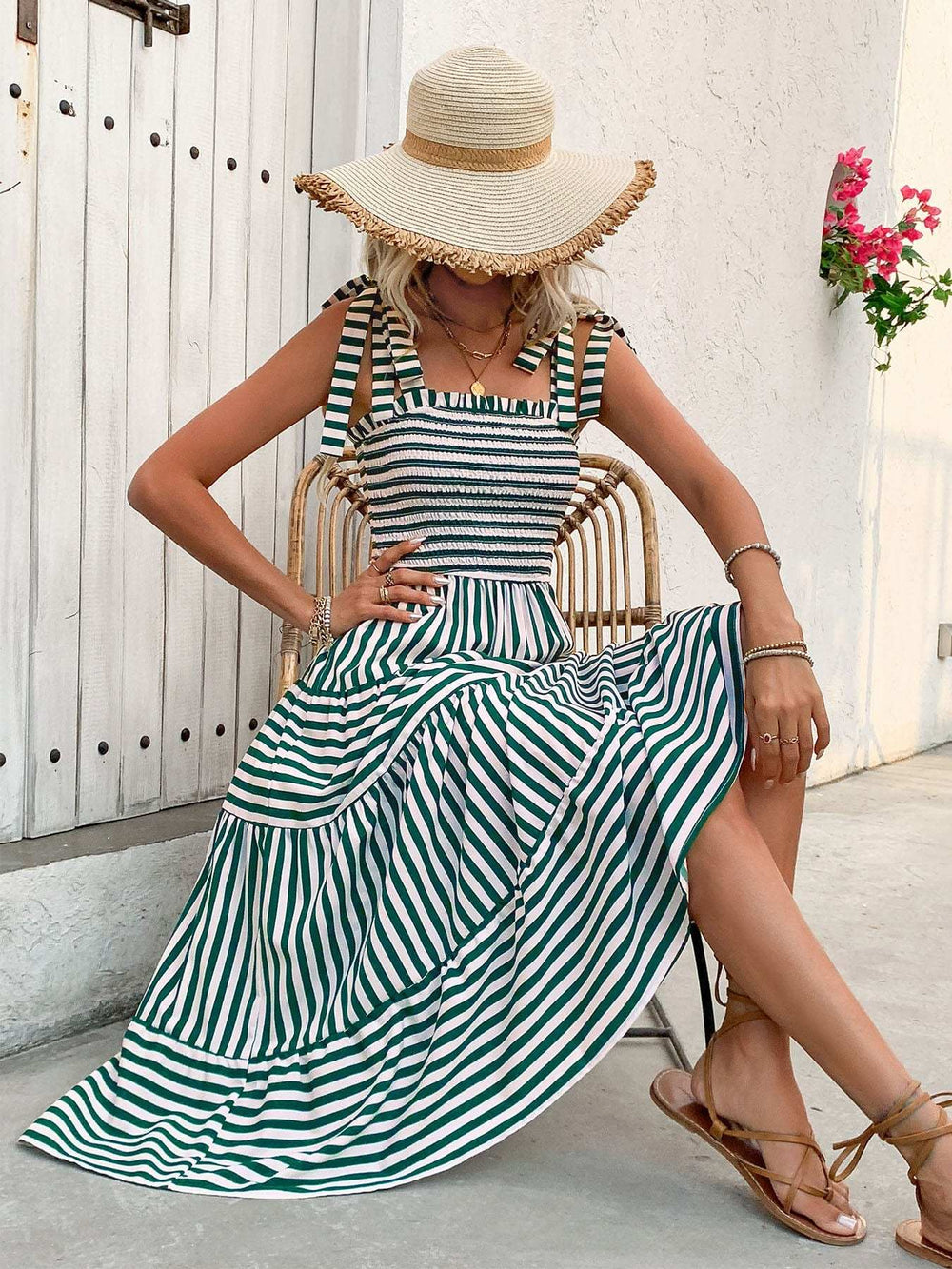 Smocked Striped Square Neck Midi Dress - Trendsi - Flyclothing LLC