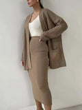 Pocketed Long Sleeve Cardigan and Skirt Sweater Set - Trendsi - Flyclothing LLC