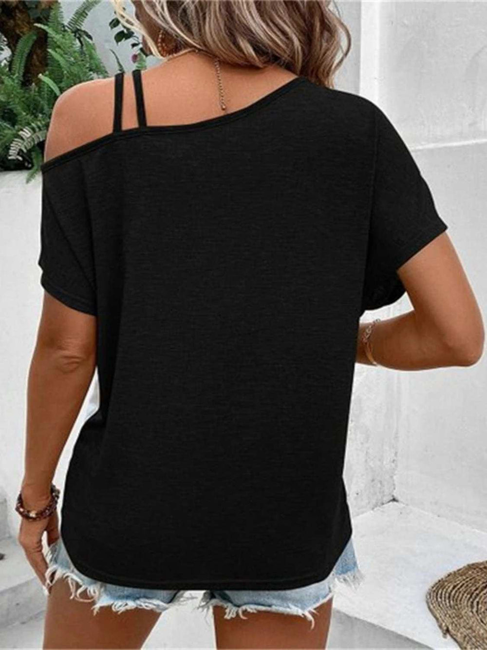 Contrast Asymmetrical Neck Short Sleeve T-Shirt - Trendsi - Flyclothing LLC