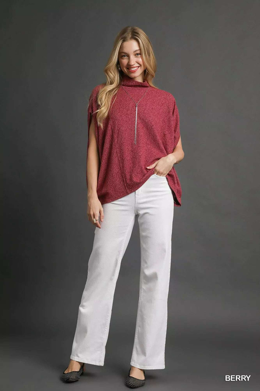 Umgee Textured Mock Neck Relaxed Top - Trendsi - Flyclothing LLC