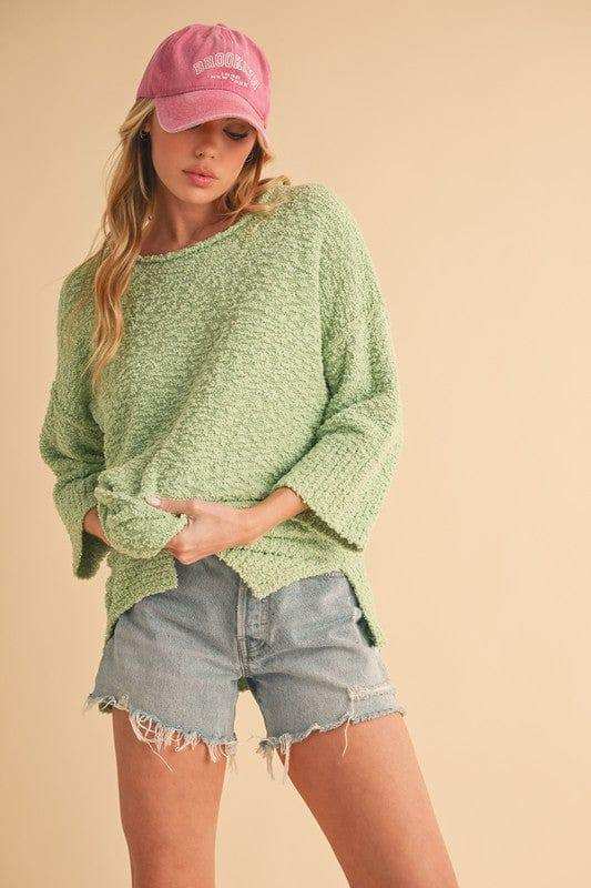 Aemi + Co Side Slit Ribbed Hem Round Neck Sweater - Trendsi - Flyclothing LLC